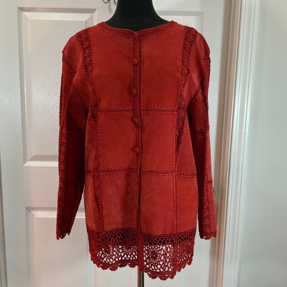 Red Suede Leather Crochet Patchwork Button Down B… - image 8